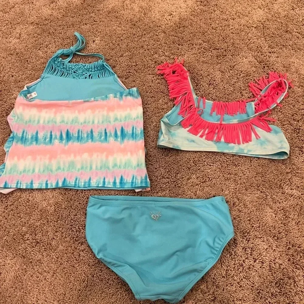 Justice girls large 12 swim set top bottom bikini tankini blue tie dye fringe
